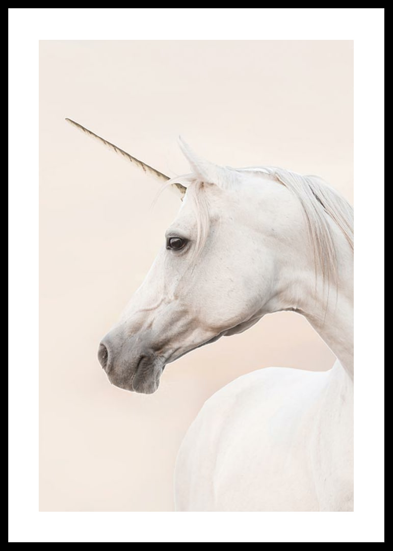 Close-up of white unicorn with long horn against light background-12