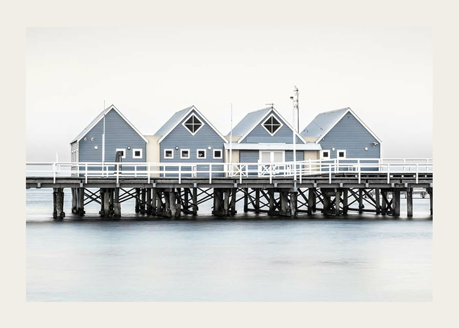 Photograph of blue beach houses on stilts on the waterfront in Busselton-12