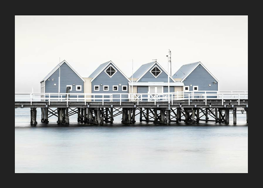 Photograph of blue beach houses on stilts on the waterfront in Busselton-12