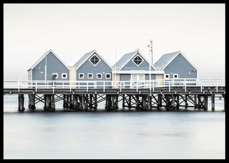 Photograph of blue beach houses on stilts on the waterfront in Busselton-12