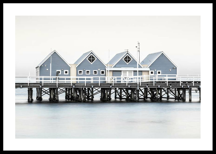 Photograph of blue beach houses on stilts on the waterfront in Busselton-12