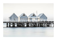 Photograph of blue beach houses on stilts on the waterfront in Busselton-1