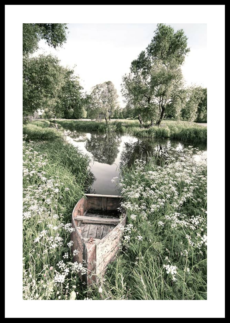Fotografi av gammal roddbåt bland gräs vid lugn å-12