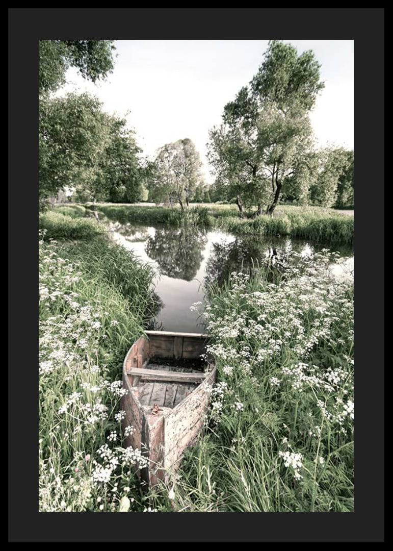Fotografi av gammal roddbåt bland gräs vid lugn å-12