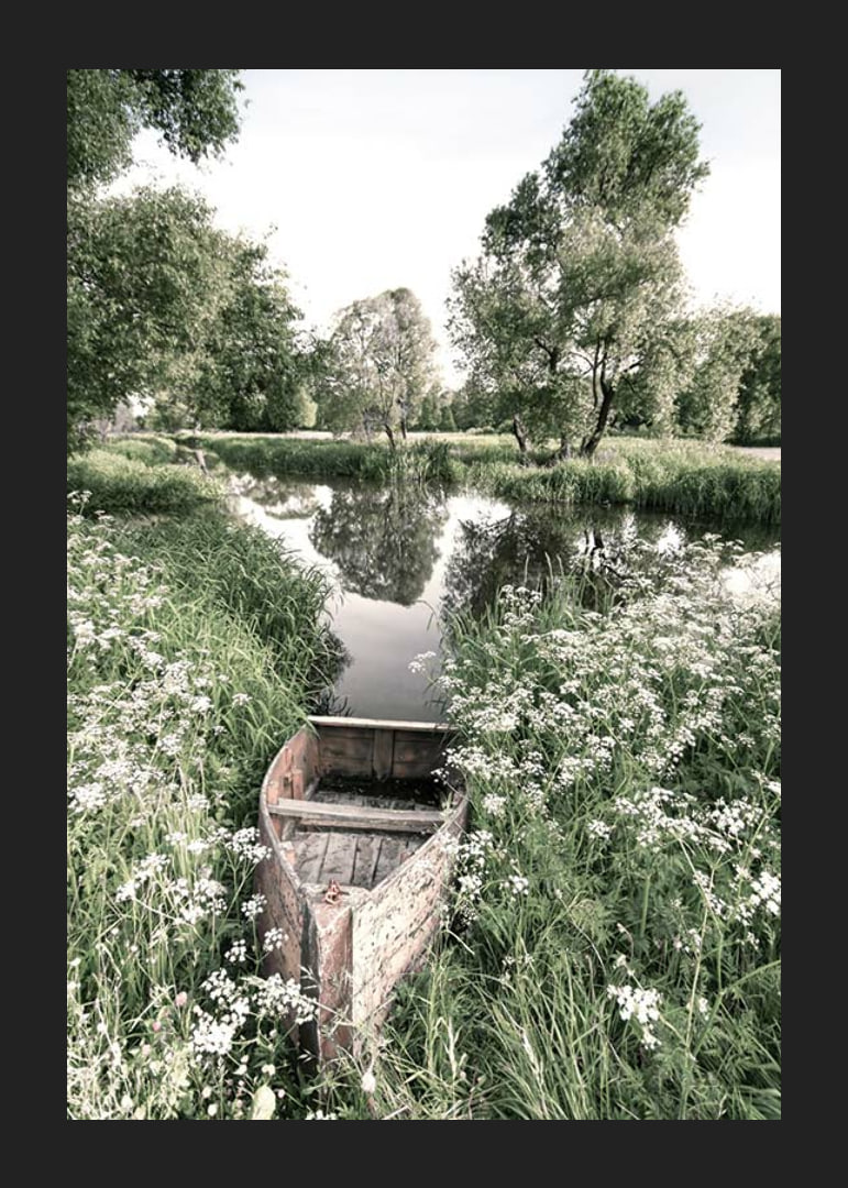 Fotografi av gammal roddbåt bland gräs vid lugn å-12