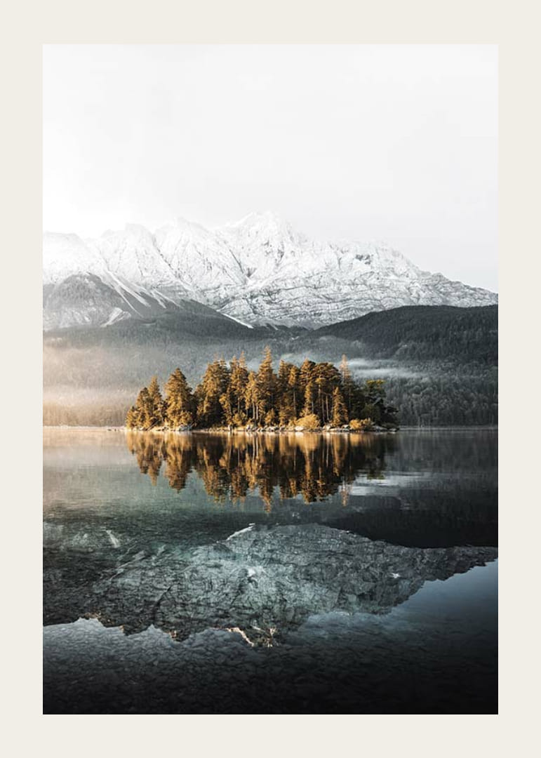 Fotografia di una piccola isola boscosa in un lago limpido con montagne innevate-12