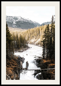 Photograph of cascading waterfall with pine forest and snow-capped mountains-2