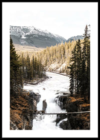 Photograph of cascading waterfall with pine forest and snow-capped mountains-0