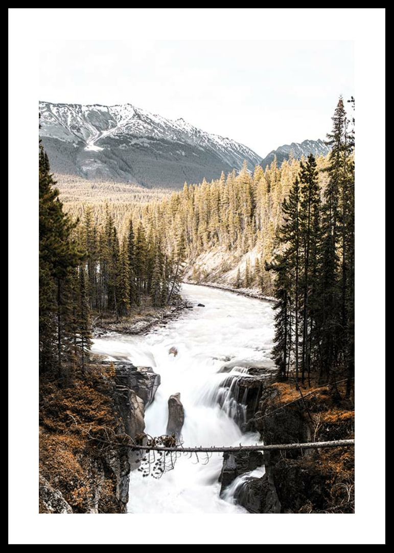 Photograph of cascading waterfall with pine forest and snow-capped mountains-12