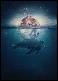 Illustrated sea turtle carrying a shining moon underwater-6