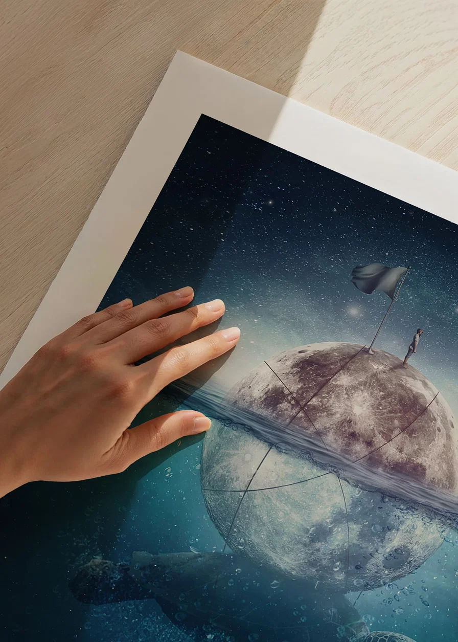Illustrated sea turtle carrying a shining moon underwater-12