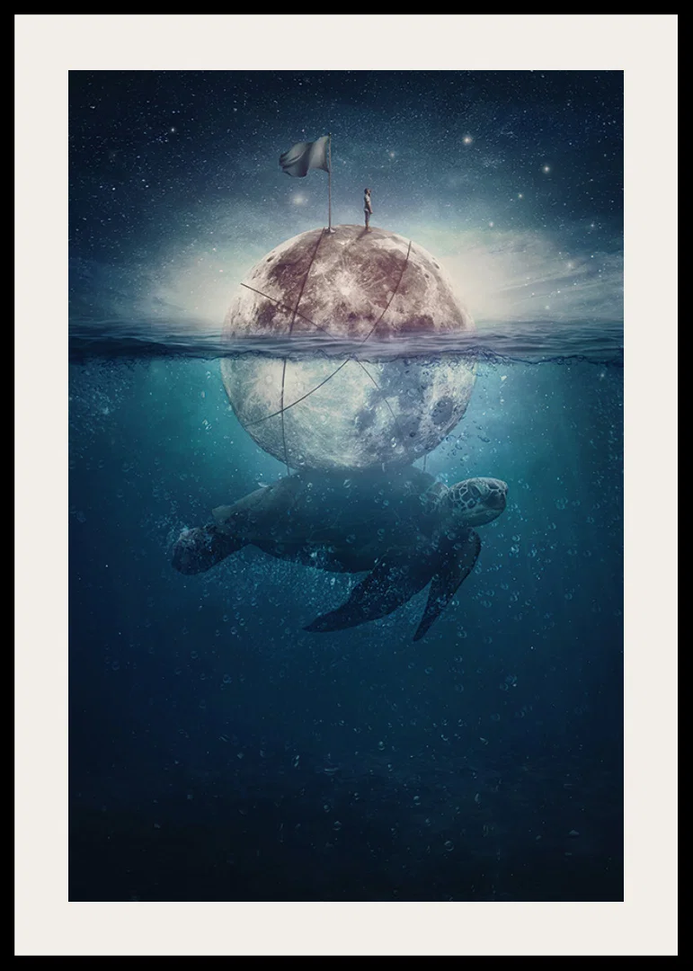 Illustrated sea turtle carrying a shining moon underwater-12