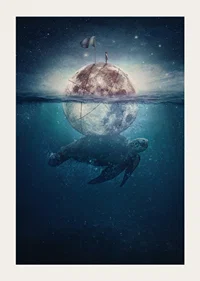 Illustrated sea turtle carrying a shining moon underwater-3