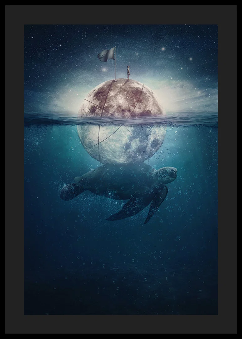 Illustrated sea turtle carrying a shining moon underwater-12