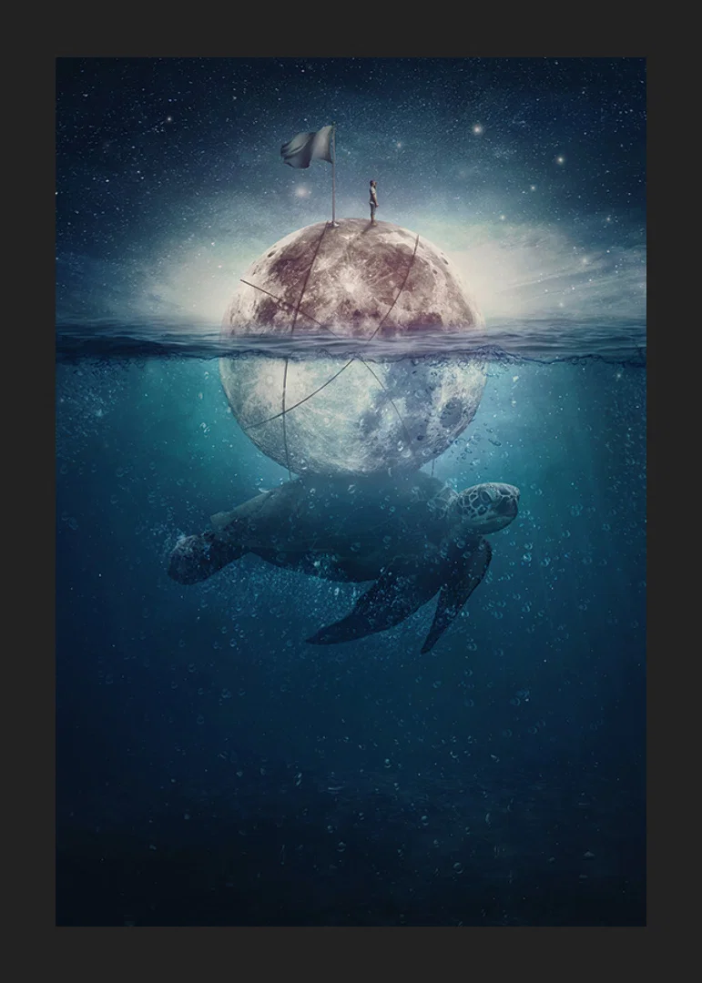 Illustrated sea turtle carrying a shining moon underwater-12