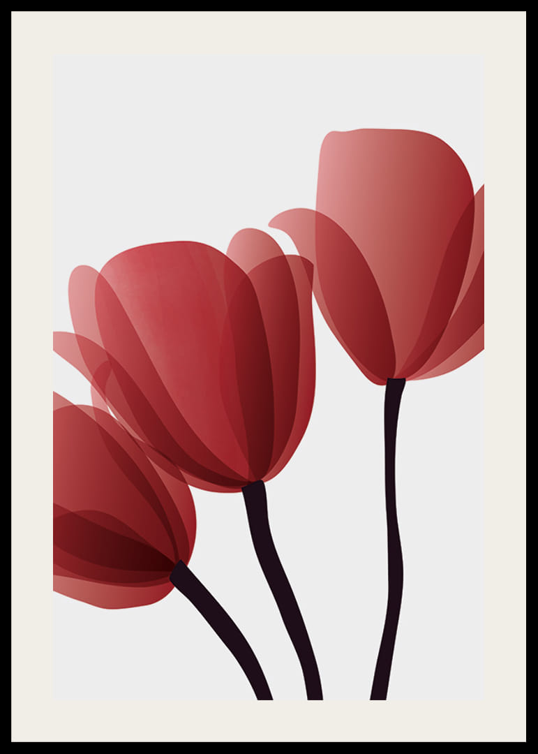 Grafika przedstawiająca trzy czerwone tulipany z ciemnymi łodygami-12