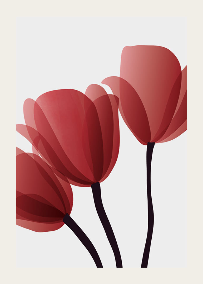 Grafika przedstawiająca trzy czerwone tulipany z ciemnymi łodygami-12