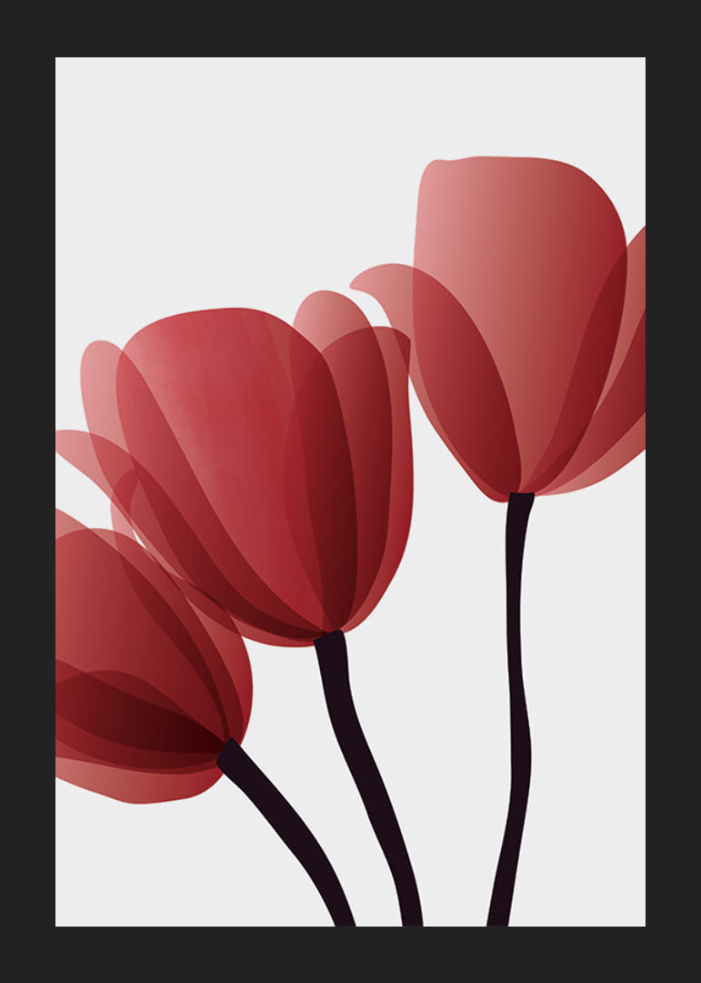 Grafika przedstawiająca trzy czerwone tulipany z ciemnymi łodygami-12