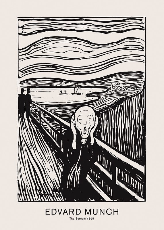 Zwart-wit grafische interpretatie van De Schreeuw van Edvard Munch-12