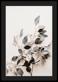 Fotografi av torkad kvist med grågröna blad mot ljus bakgrund-4