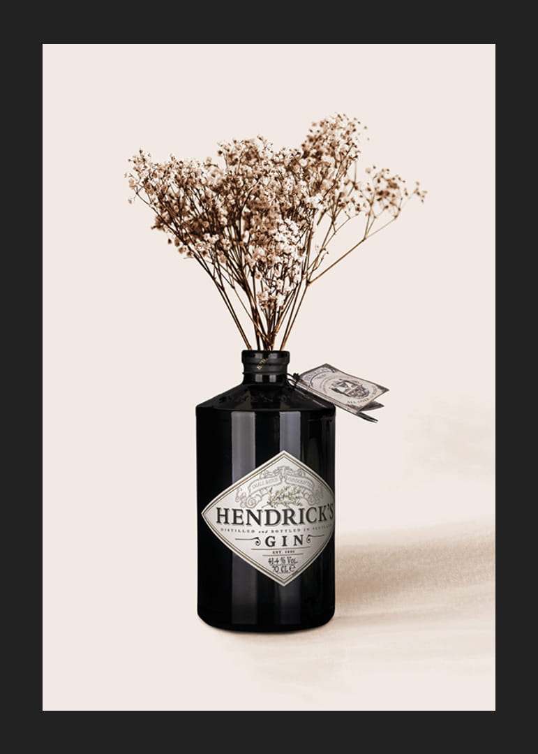 Photographic close-up of dried flowers in black gin bottle-12