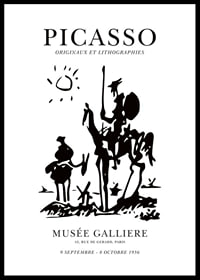 Black outline drawing of two riders on horseback under stylized sun-0