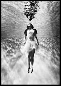 Black and white photo art of woman in dress under water surface-6