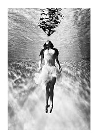 Black and white photo art of woman in dress under water surface-1