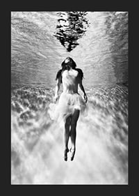 Black and white photo art of woman in dress under water surface-5
