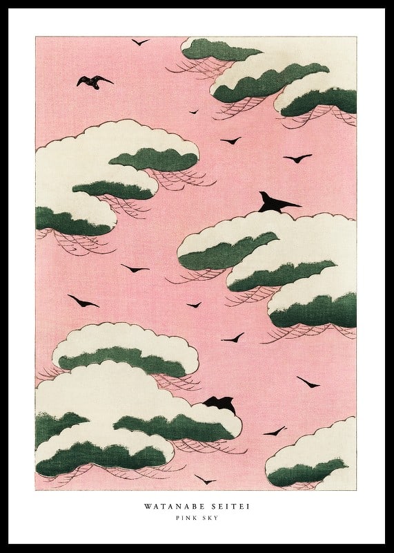 Japanese illustration of clouds and birds against pink sky-12