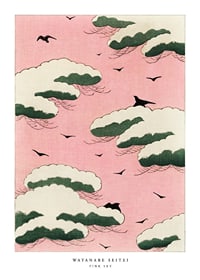 Japanese illustration of clouds and birds against pink sky-1
