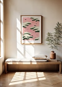 Japanese illustration of clouds and birds against pink sky-2