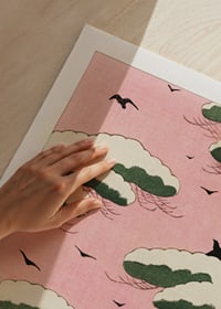 Japanese illustration of clouds and birds against pink sky-3