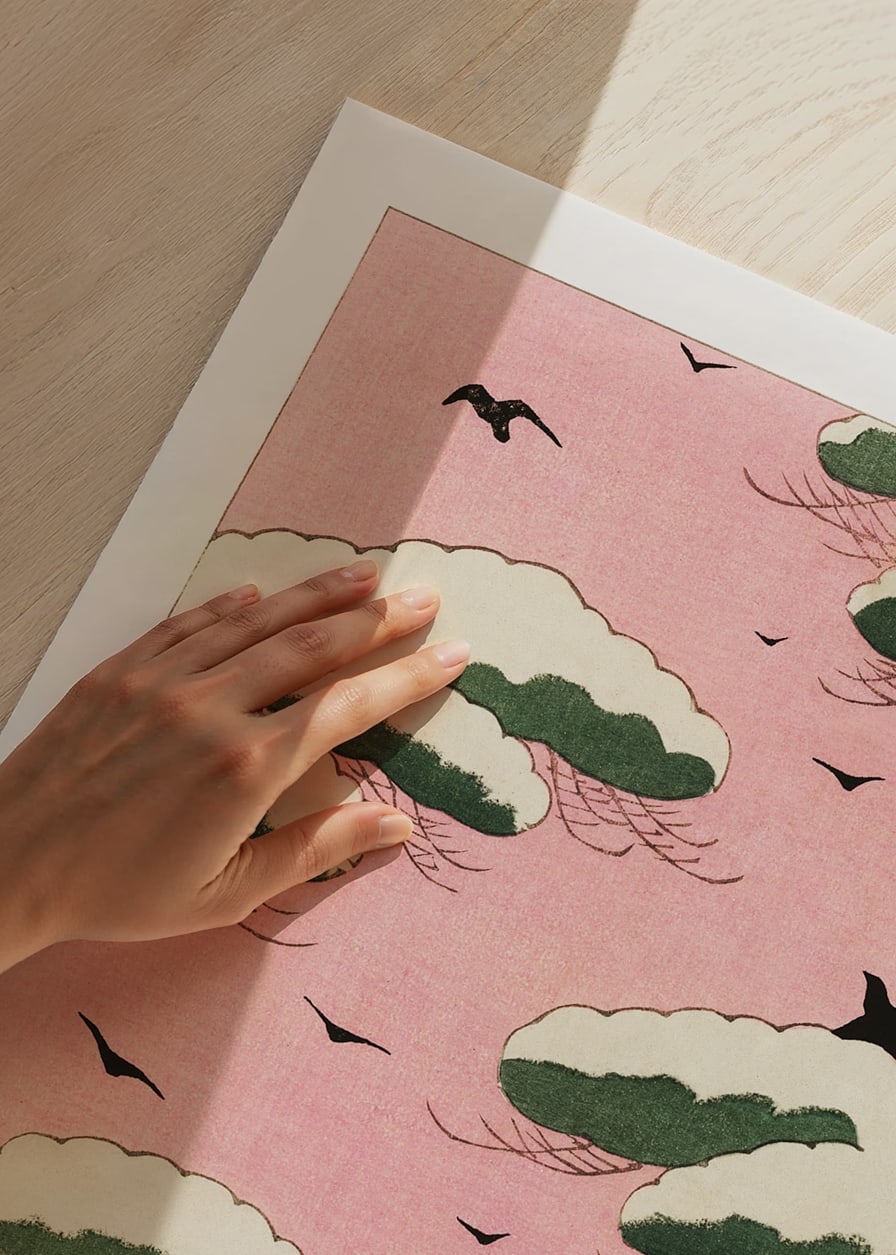 Japanese illustration of clouds and birds against pink sky-12