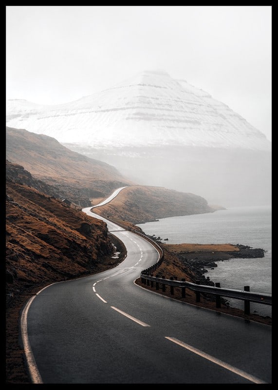 Photographic landscape with winding road, sea and snow-capped mountains-12