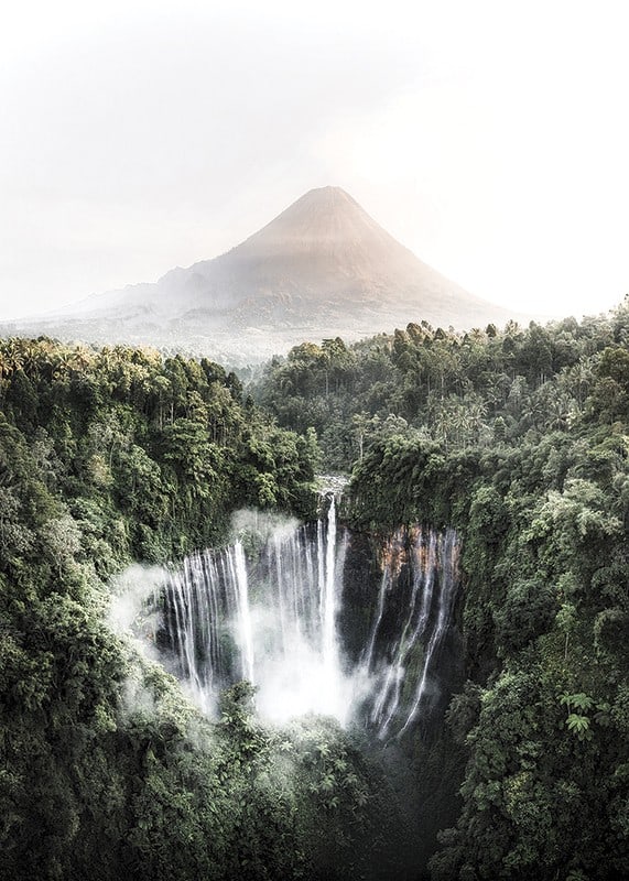 Bright photography of waterfall in tropical jungle with volcano-12