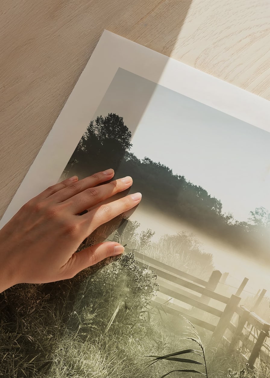 Photographie de paysage avec chemin de terre, clôture et lever de soleil dans le brouillard-12