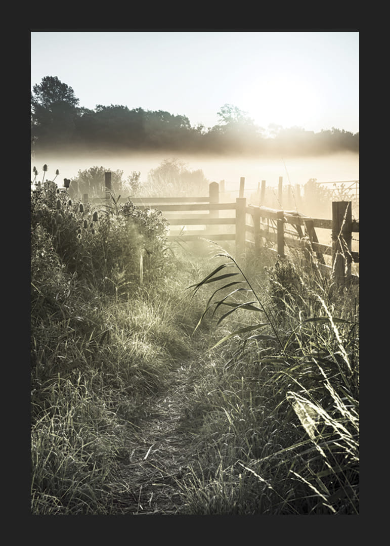 Photographie de paysage avec chemin de terre, clôture et lever de soleil dans le brouillard-12
