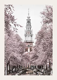 Photograph of Zuiderkerk in Amsterdam with pink flowering trees-3