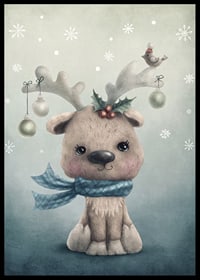 Illustrated reindeer calf with blue scarf and Christmas decorations-6