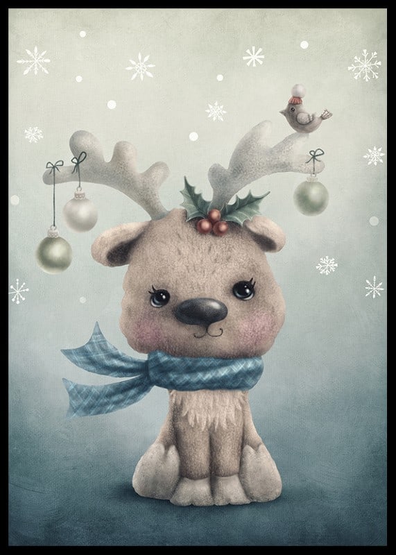 Illustrated reindeer calf with blue scarf and Christmas decorations-12