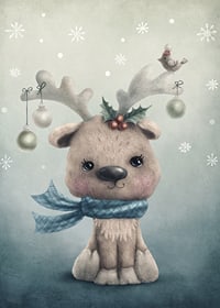 Illustrated reindeer calf with blue scarf and Christmas decorations-7
