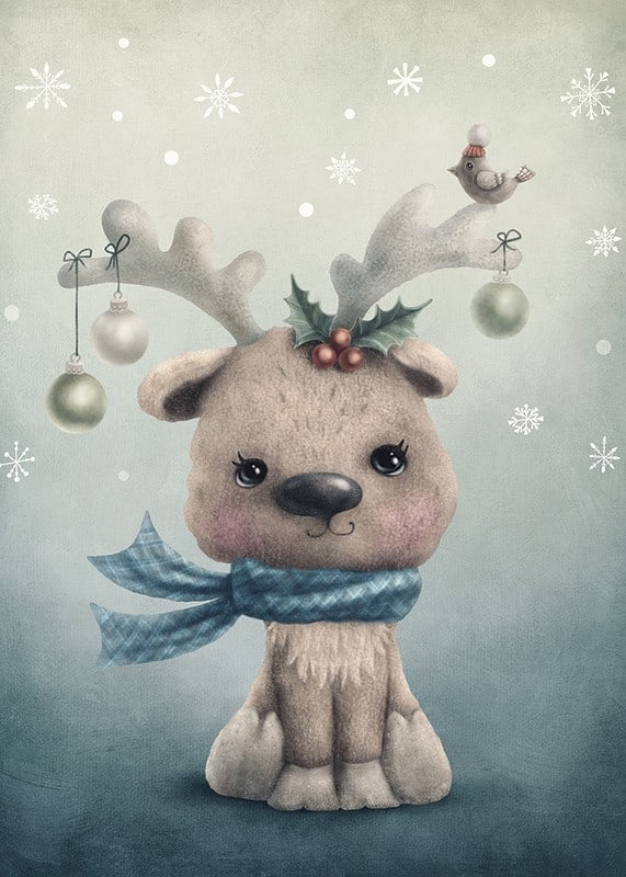 Illustrated reindeer calf with blue scarf and Christmas decorations-12