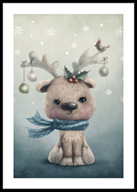 Illustrated reindeer calf with blue scarf and Christmas decorations-0