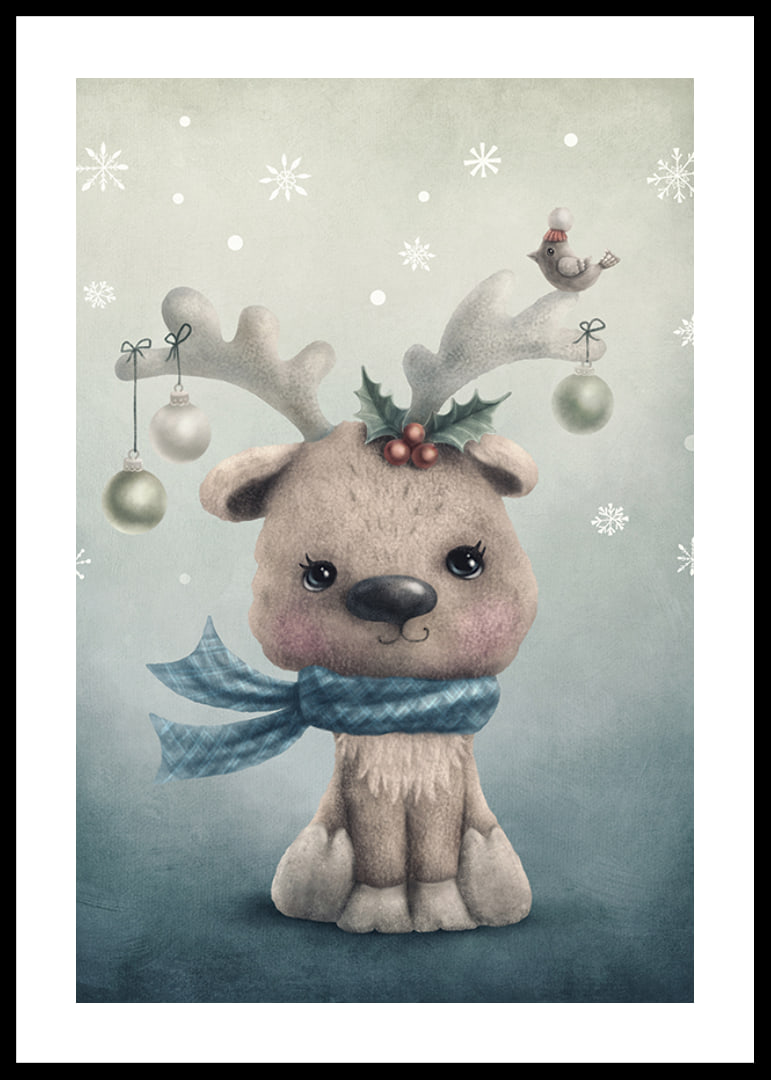 Illustrated reindeer calf with blue scarf and Christmas decorations-12