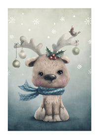 Illustrated reindeer calf with blue scarf and Christmas decorations-1