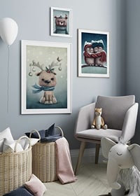 Illustrated reindeer calf with blue scarf and Christmas decorations-8