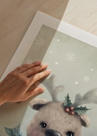 Illustrated reindeer calf with blue scarf and Christmas decorations-9