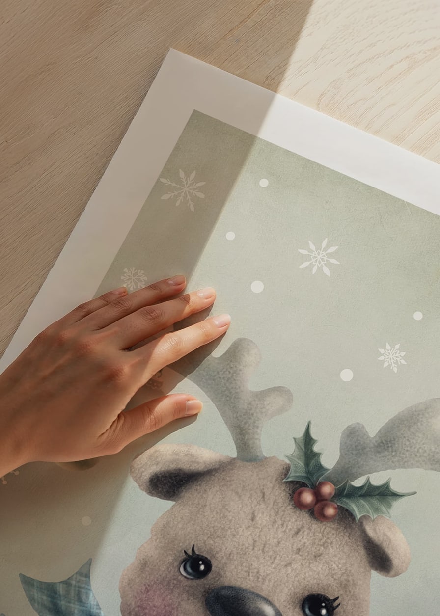 Illustrated reindeer calf with blue scarf and Christmas decorations-12