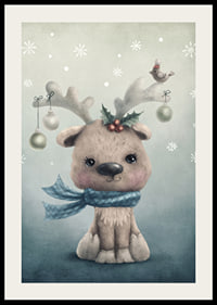 Illustrated reindeer calf with blue scarf and Christmas decorations-2